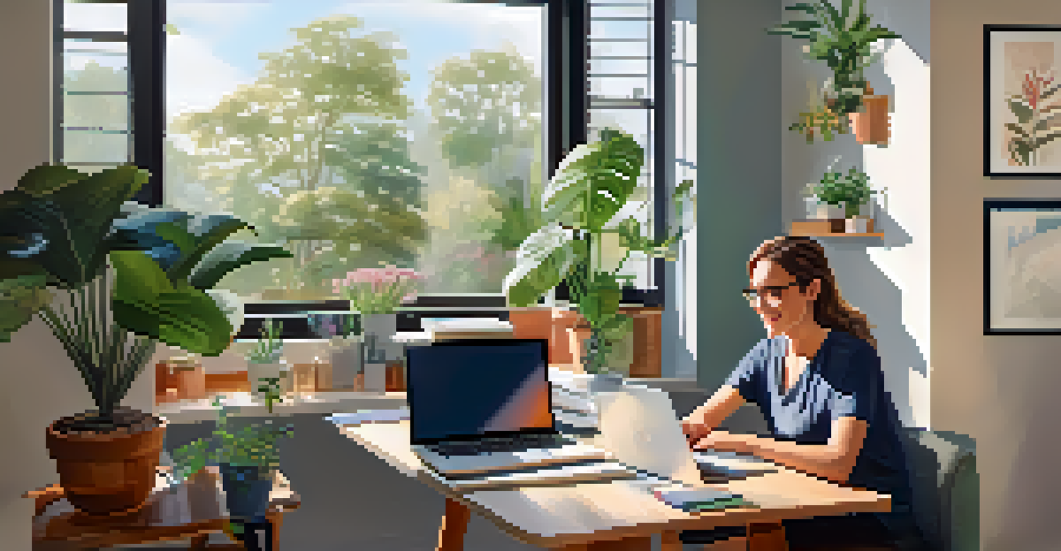 A person participating in a telehealth therapy session from their home office, focused on a laptop screen.
