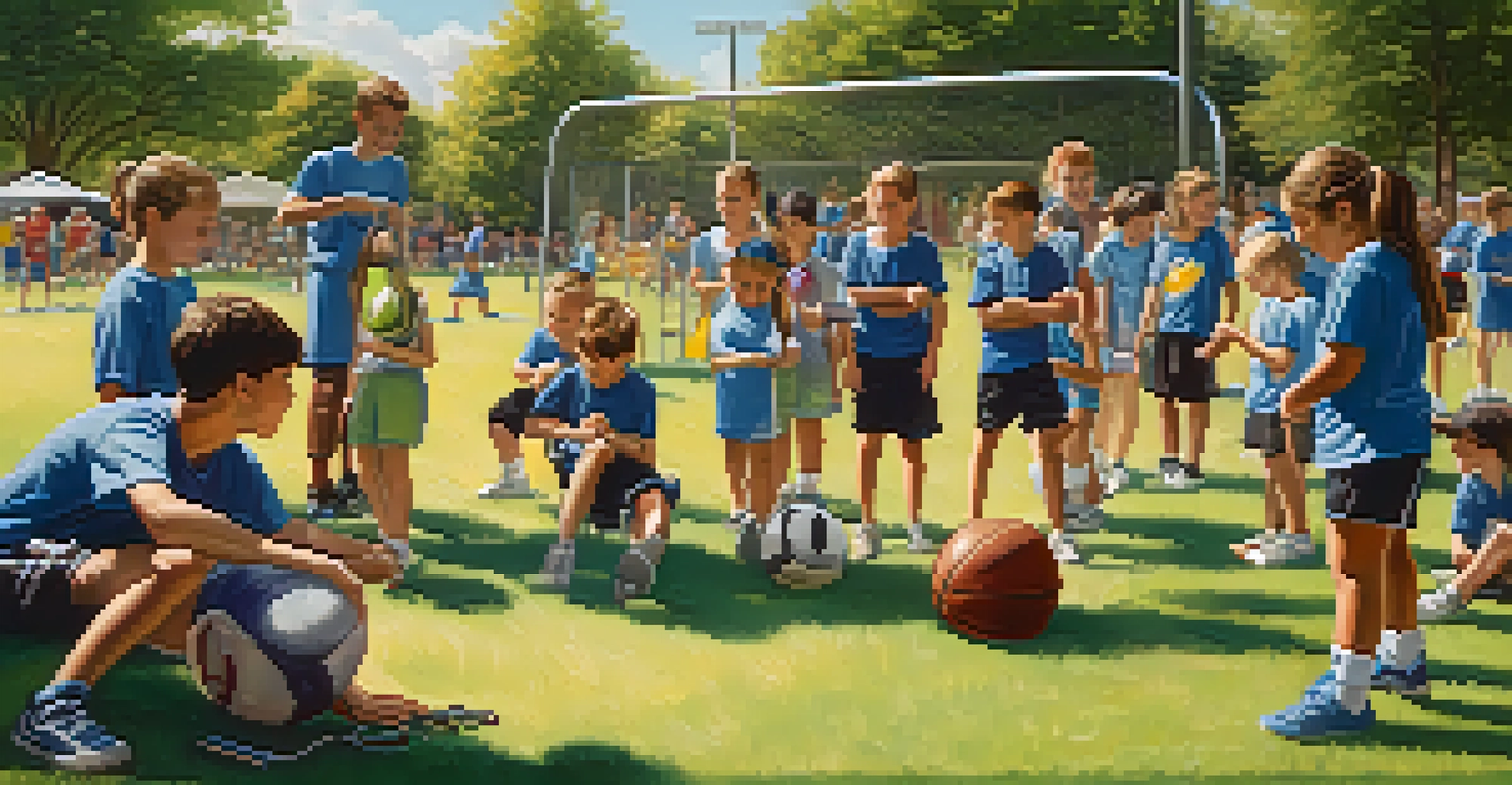 Professional athletes conducting a youth sports clinic in a sunny park, encouraging teamwork and community engagement among children.