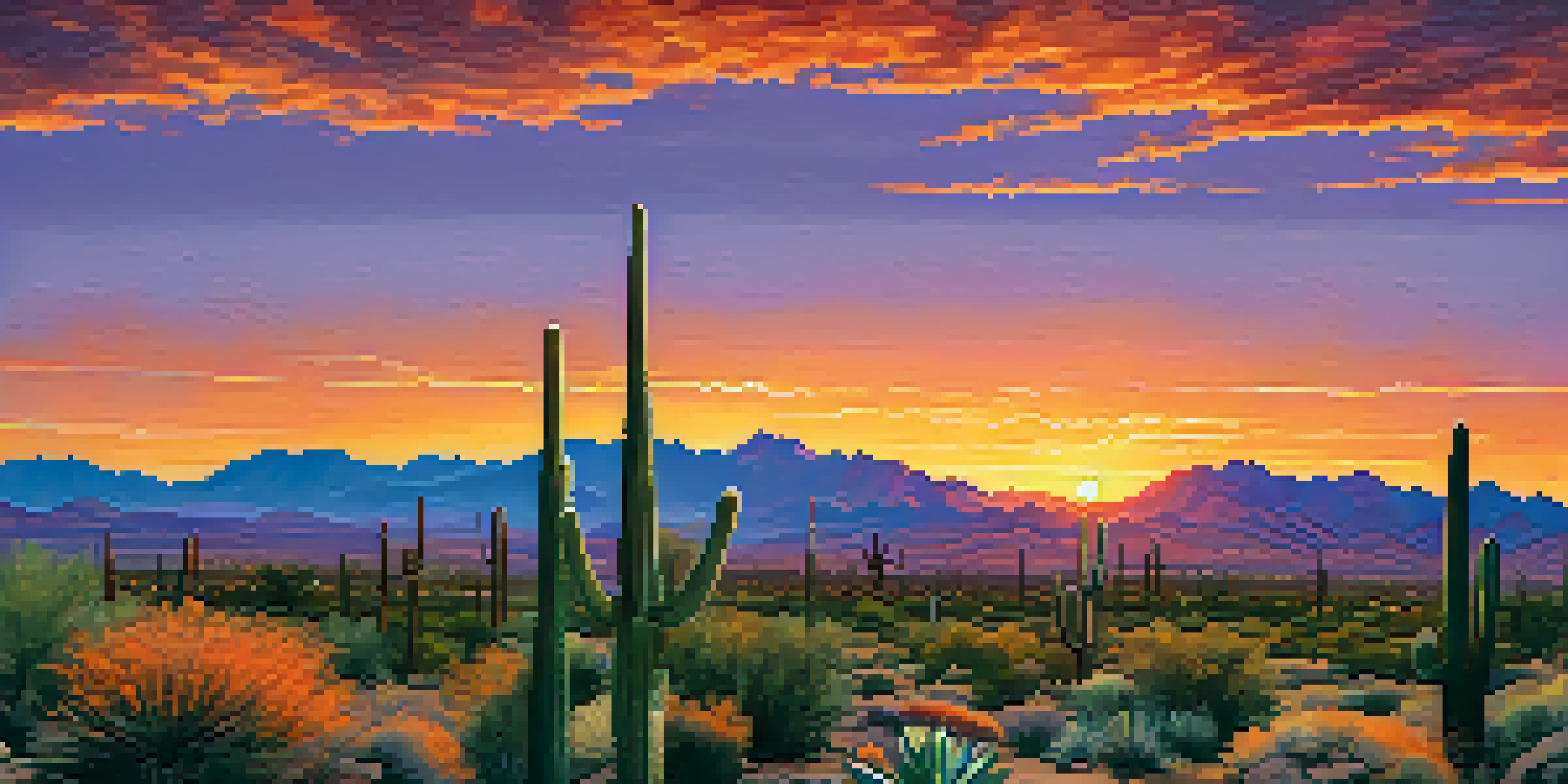 A scenic sunset view of Phoenix's desert landscape with Saguaro cacti and distant mountains.