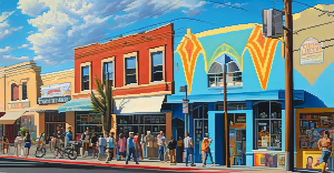 A lively street in Roosevelt Row featuring colorful murals and pedestrians enjoying the artistic environment.
