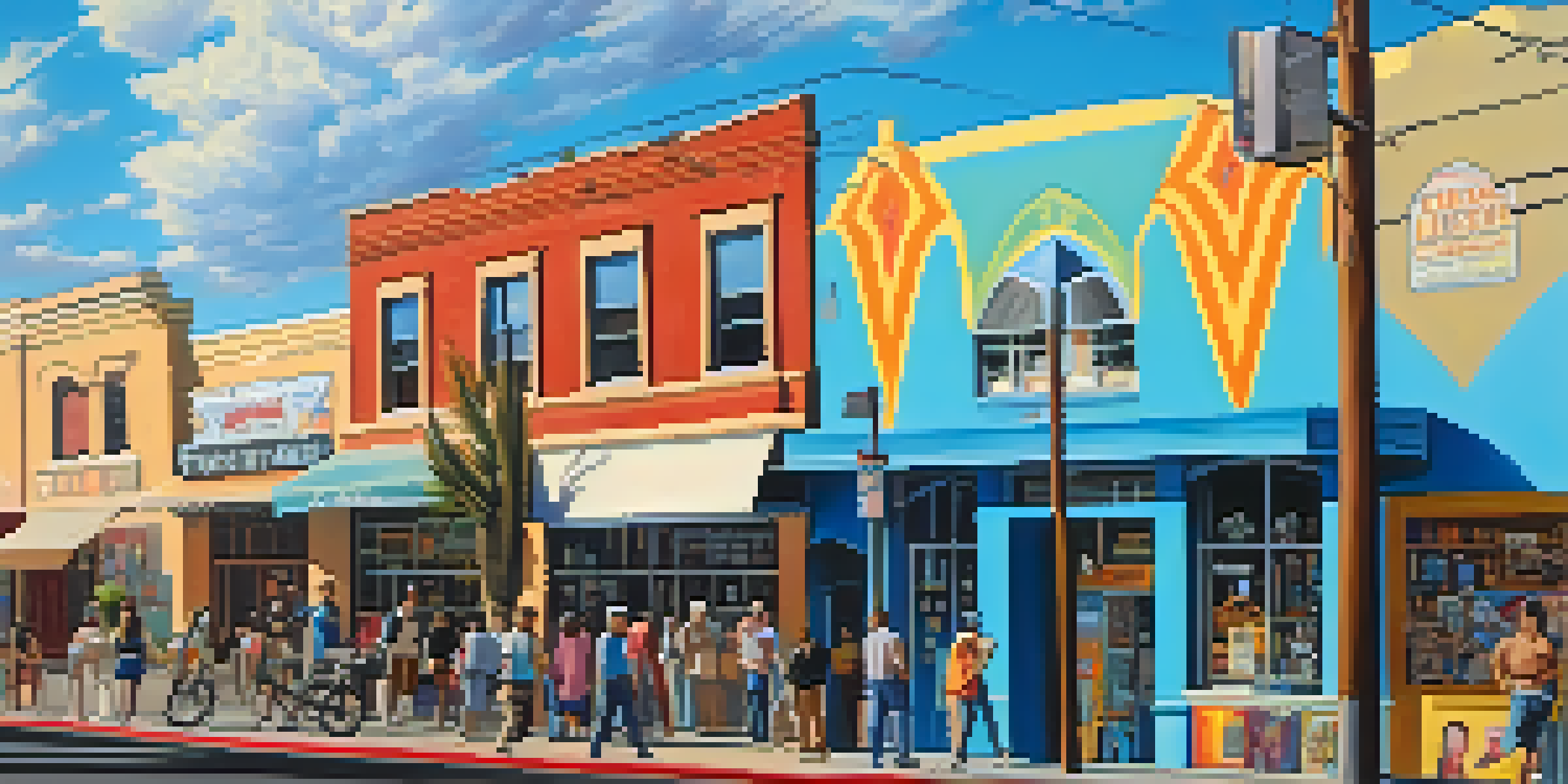 A lively street in Roosevelt Row featuring colorful murals and pedestrians enjoying the artistic environment.