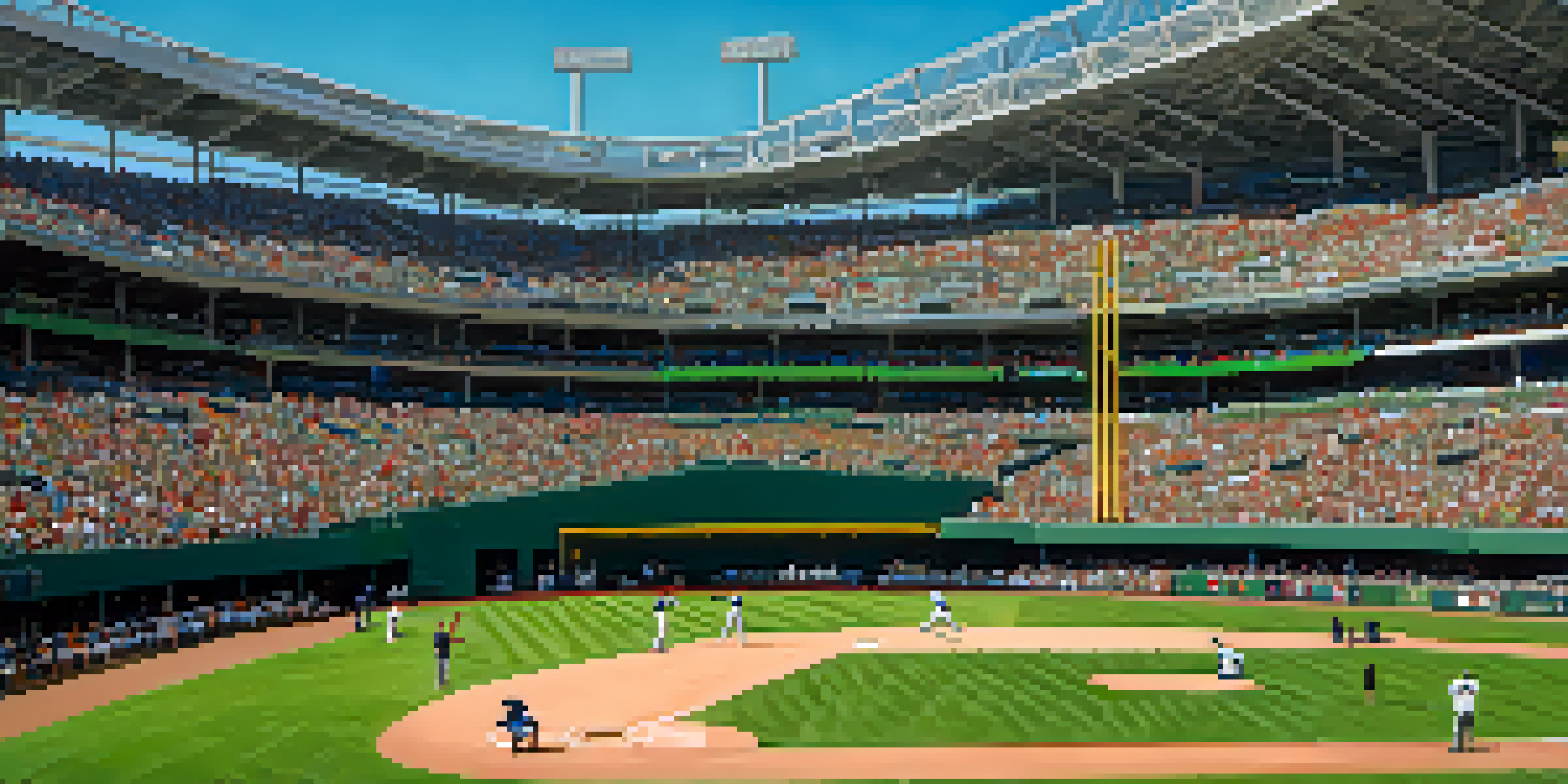 A lively baseball game in a Phoenix stadium with fans in colorful jerseys and a player swinging a bat under a clear sky.