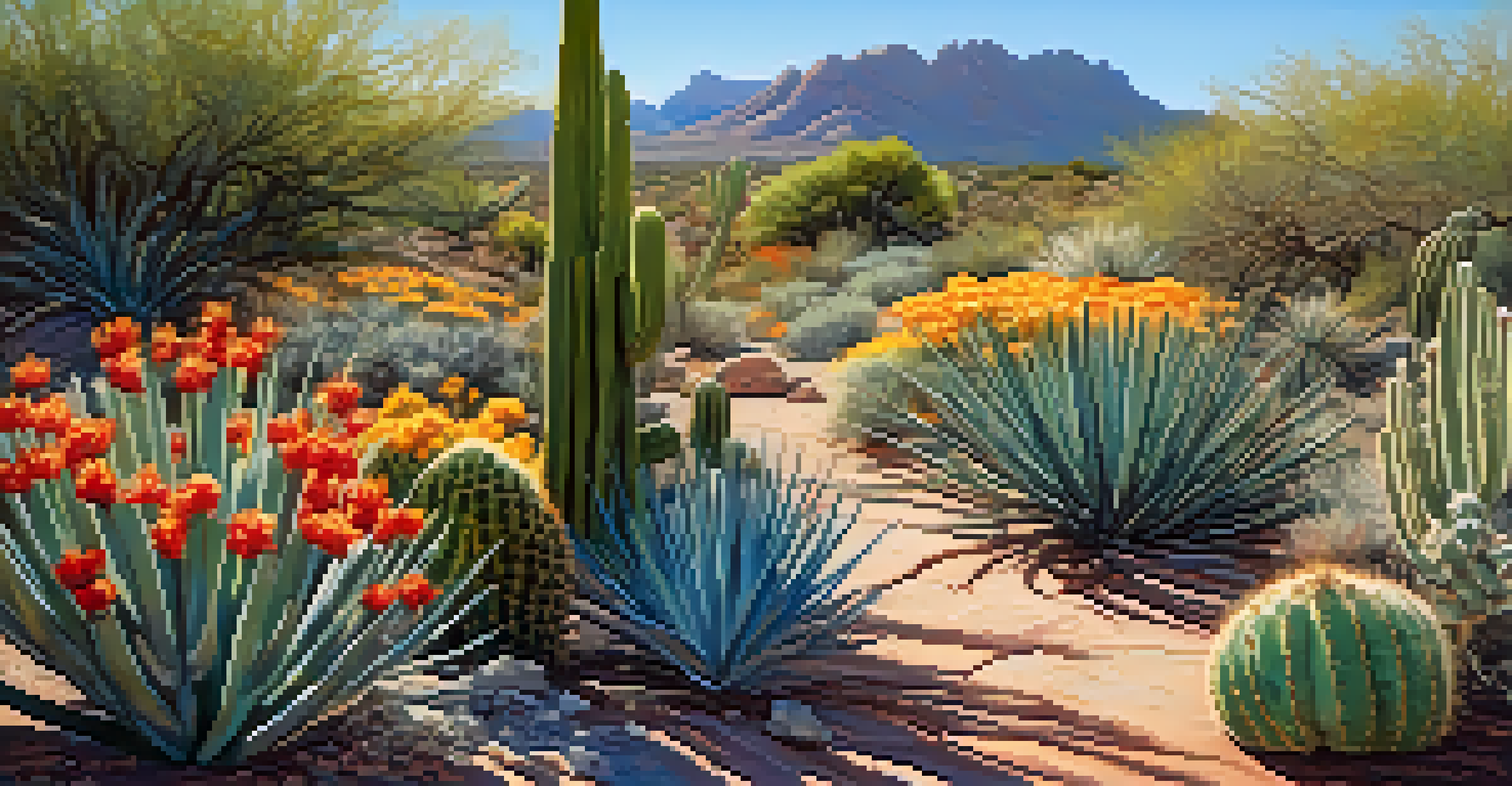 Vibrant blooming wildflowers and cacti in the Desert Botanical Garden under a clear blue sky, showcasing various textures.