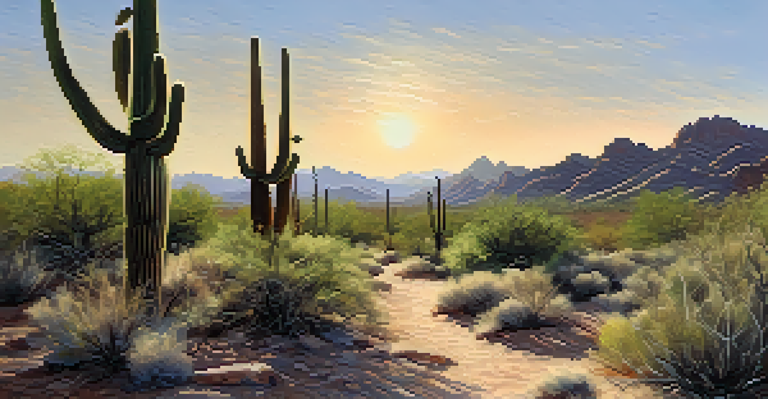 A beautiful hiking trail in the McDowell Sonoran Preserve with desert scenery and sunlight filtering through trees.