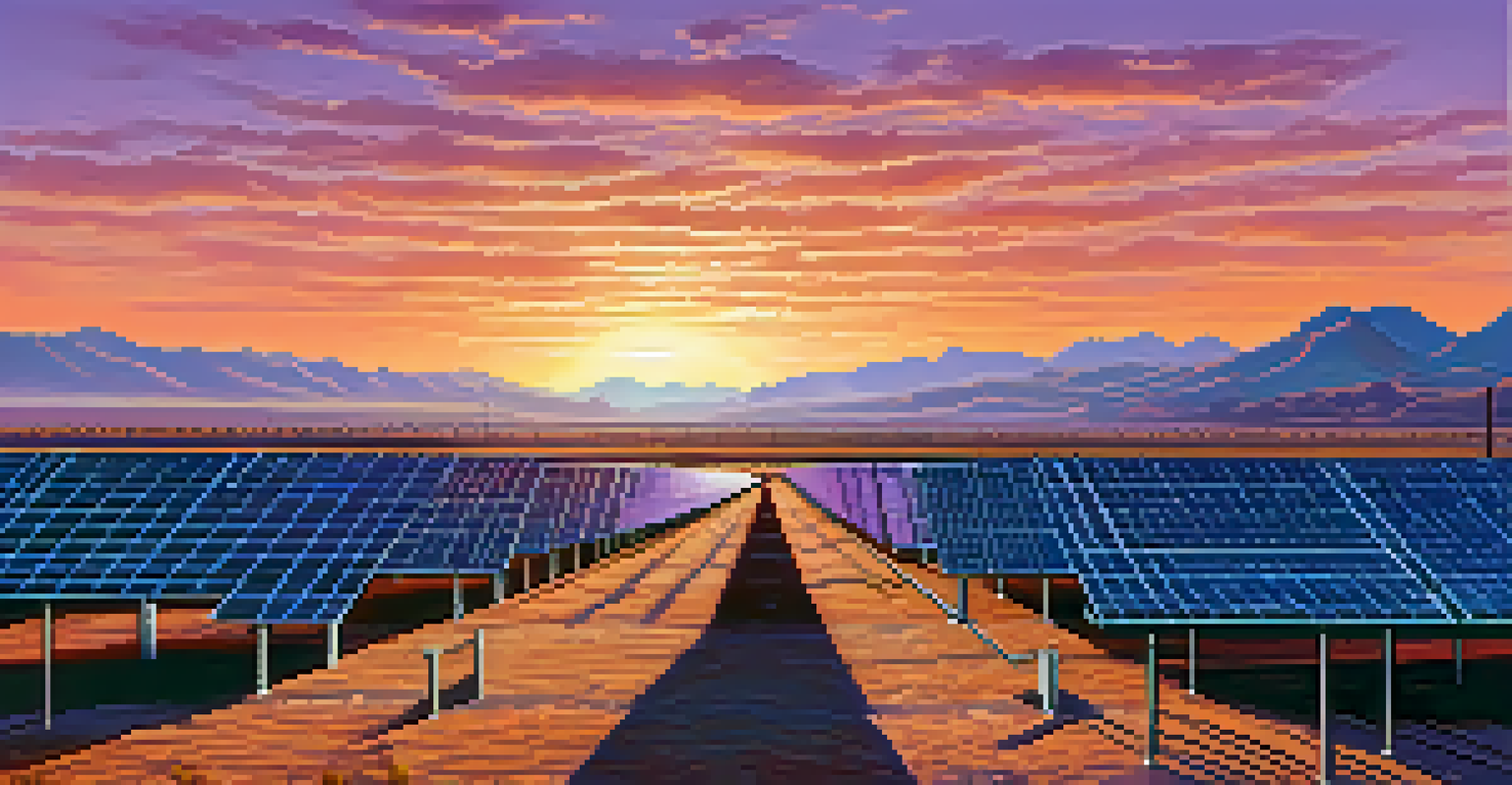 A beautiful sunset over a solar farm in Phoenix with solar panels and mountains in the background.