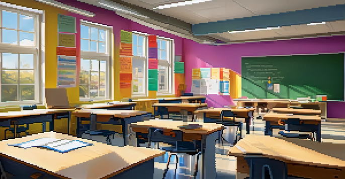 A bright and modern classroom with diverse students working together at desks, colorful educational posters on the walls, and sunlight streaming in from windows.