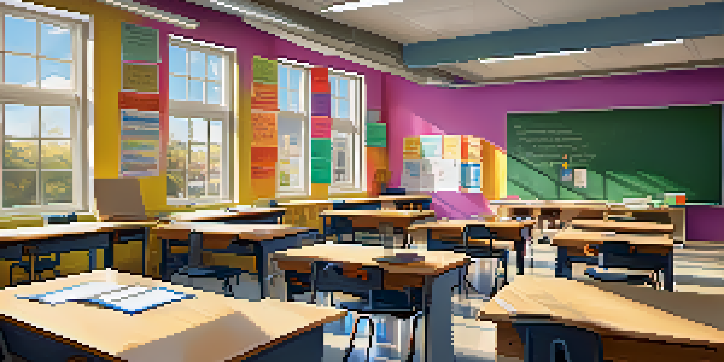 A bright and modern classroom with diverse students working together at desks, colorful educational posters on the walls, and sunlight streaming in from windows.