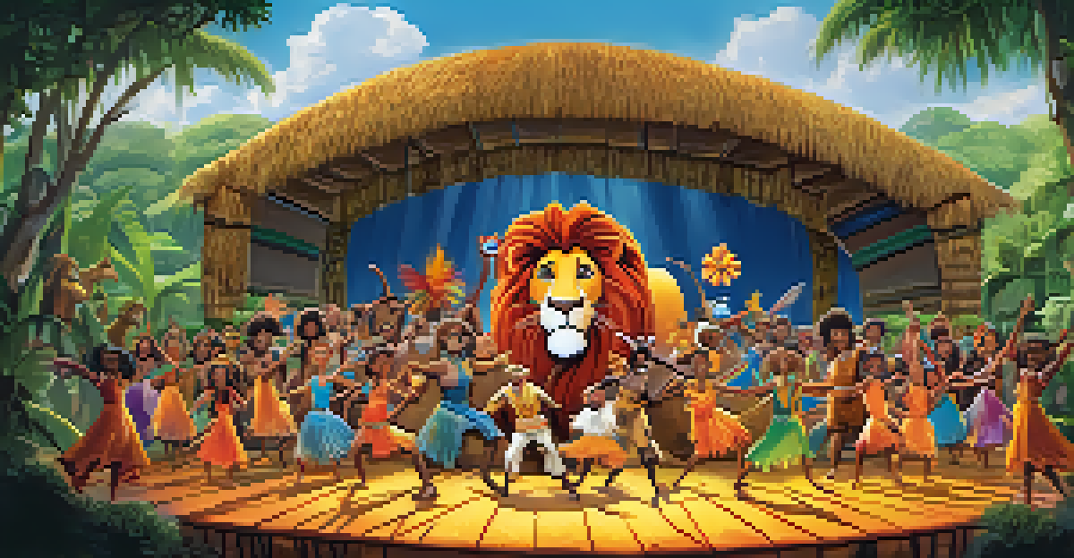 A family-friendly scene from 'The Lion King Jr.' with young performers in animal costumes on stage.