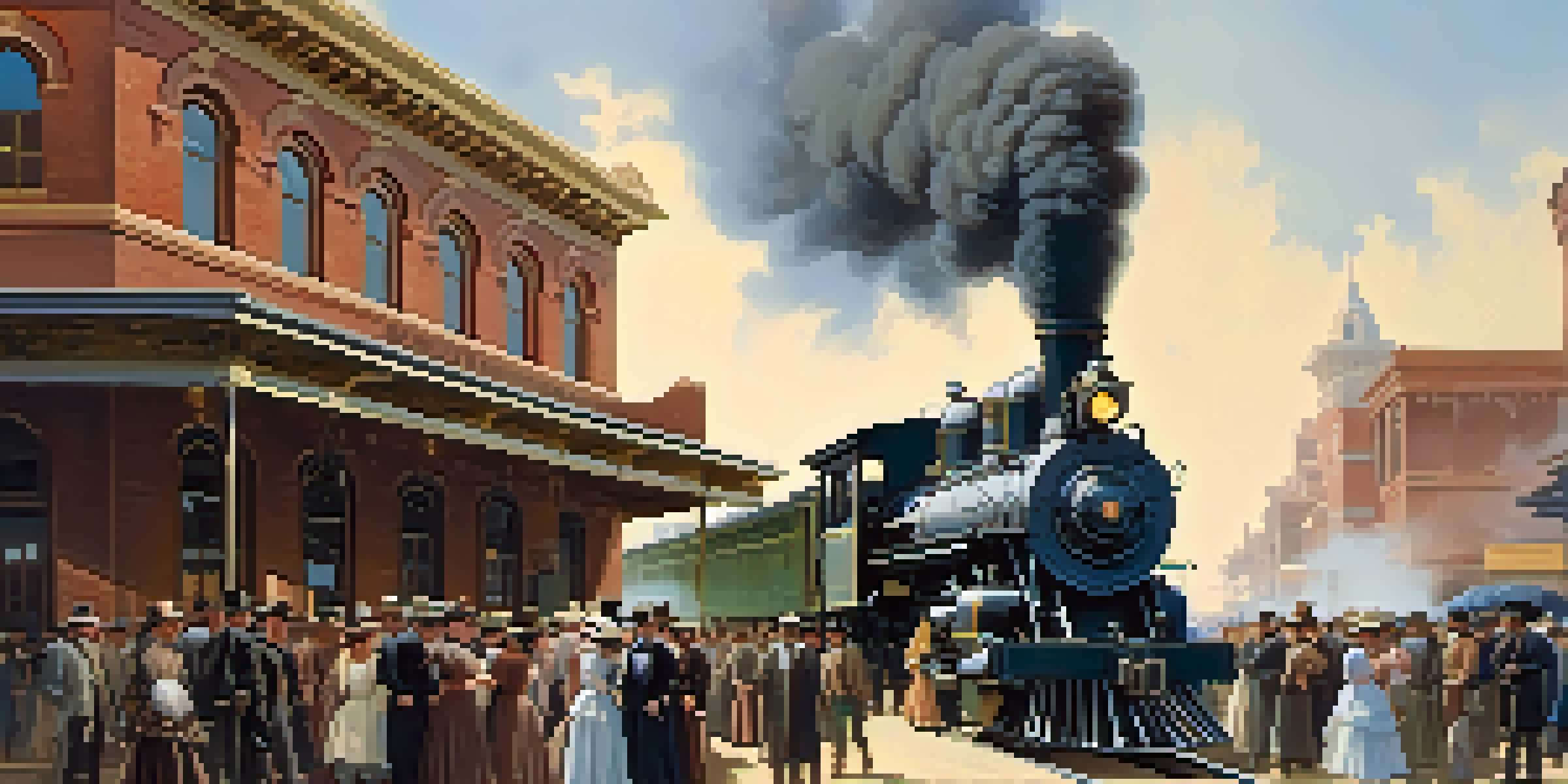 A historical scene of a railroad station in Phoenix during the 1880s, featuring a steam locomotive, people in period clothing, and wooden buildings.
