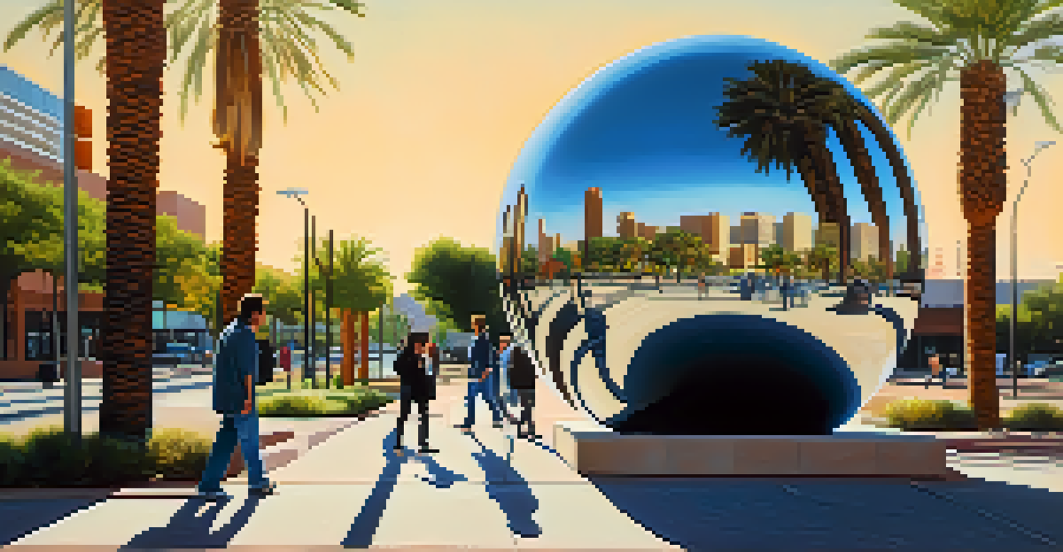 A public art installation of large metallic spheres reflecting the surroundings with pedestrians passing by under warm sunlight.