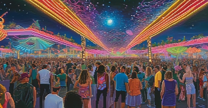 A lively festival scene with people dancing under bright neon lights and colorful art installations at night.
