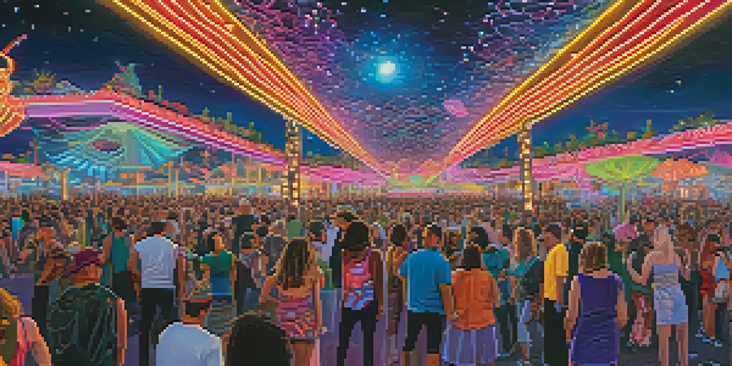 A lively festival scene with people dancing under bright neon lights and colorful art installations at night.
