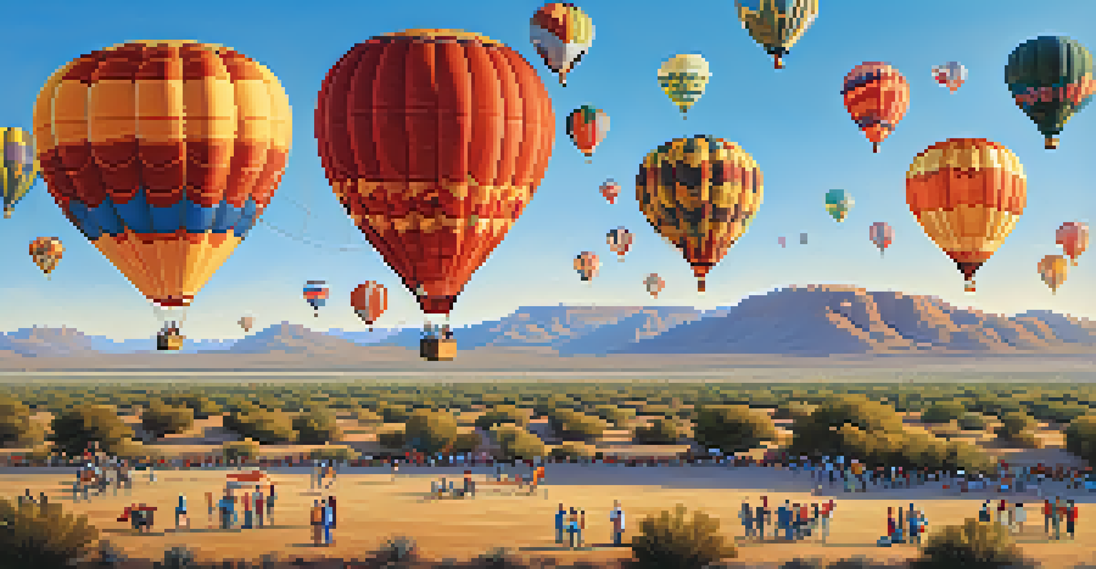 A colorful array of hot air balloons in the sky with families watching from the ground.