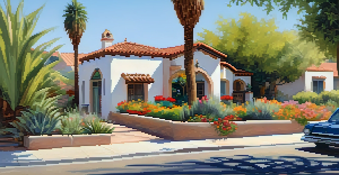 A scenic view of a neighborhood street with historic Mediterranean and Pueblo Revival style homes, surrounded by vibrant gardens and trees.