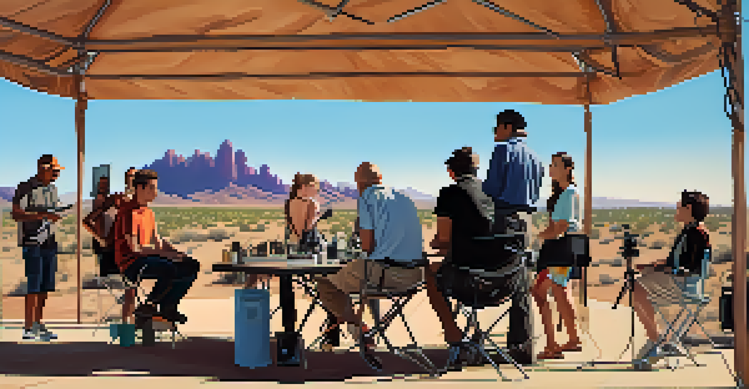 Filmmakers collaborating on a script outdoors in Phoenix, with desert mountains in the background and a film camera setup.