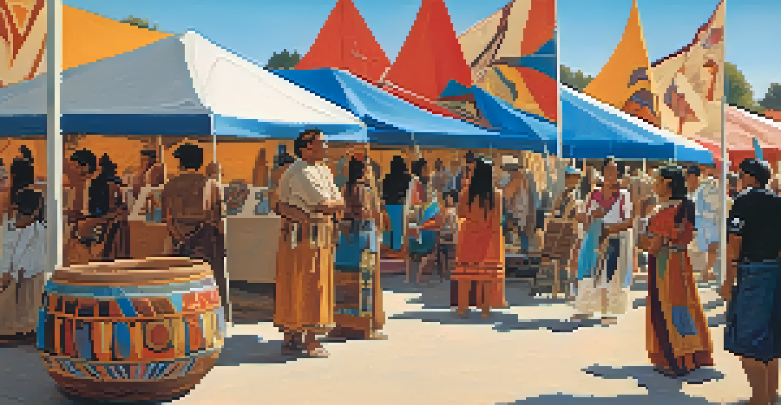 A lively art exhibition featuring Native American artworks with visitors interacting amidst colorful displays and bright skies.