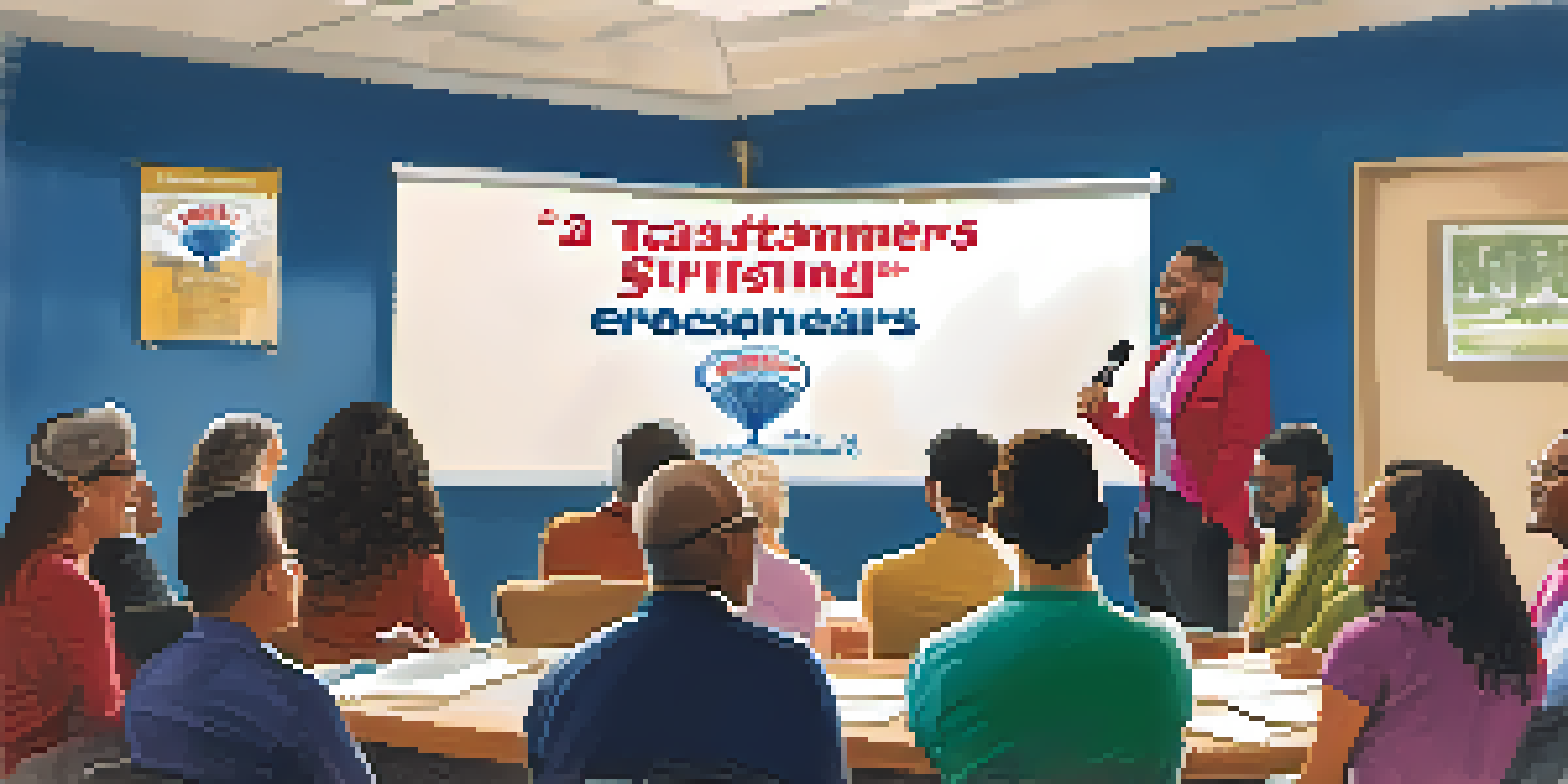 A Toastmasters meeting with a diverse group of individuals engaged in public speaking, showcasing a speaker at the podium and attentive audience members.