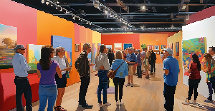 A busy gallery during the Art Detour event in Phoenix, with local artists and visitors appreciating various artworks.