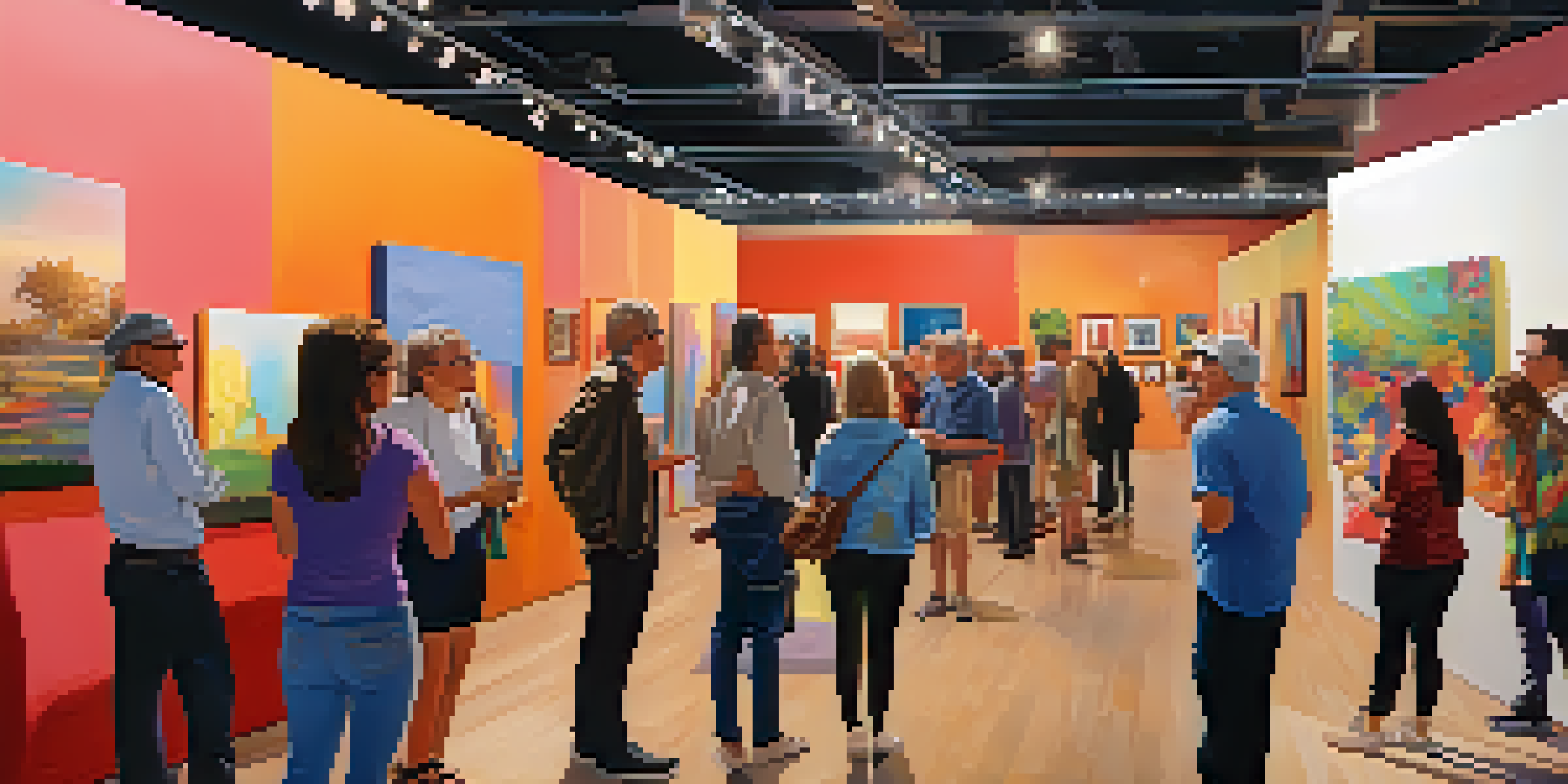 A busy gallery during the Art Detour event in Phoenix, with local artists and visitors appreciating various artworks.