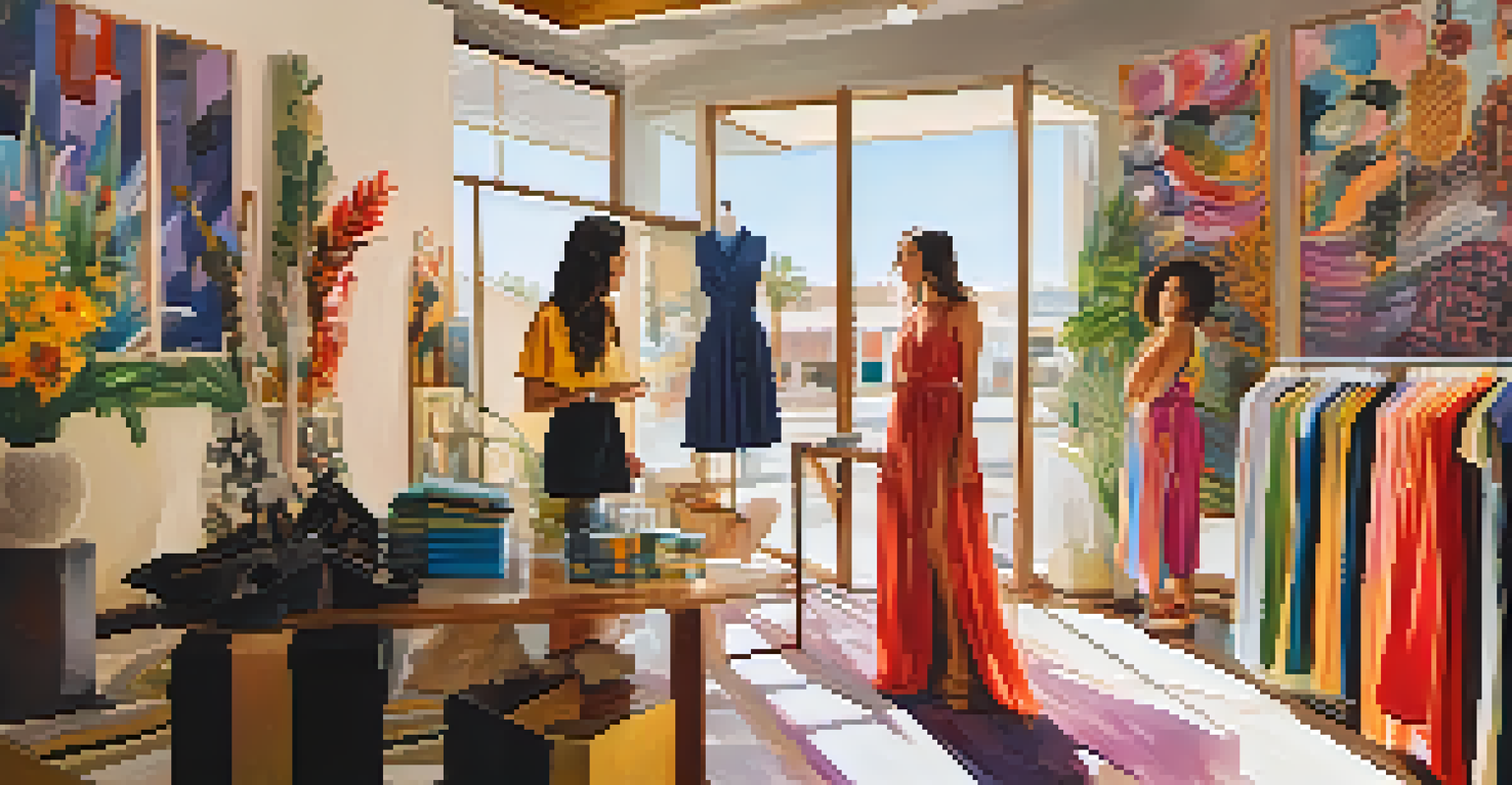A local fashion designer interacting with a customer at a pop-up shop in Phoenix, surrounded by vibrant clothing and accessories.