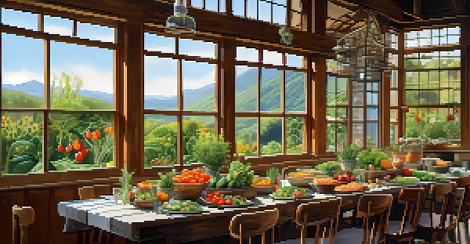 A table set at an eco-friendly restaurant with colorful dishes made from local ingredients, surrounded by greenery and natural light.