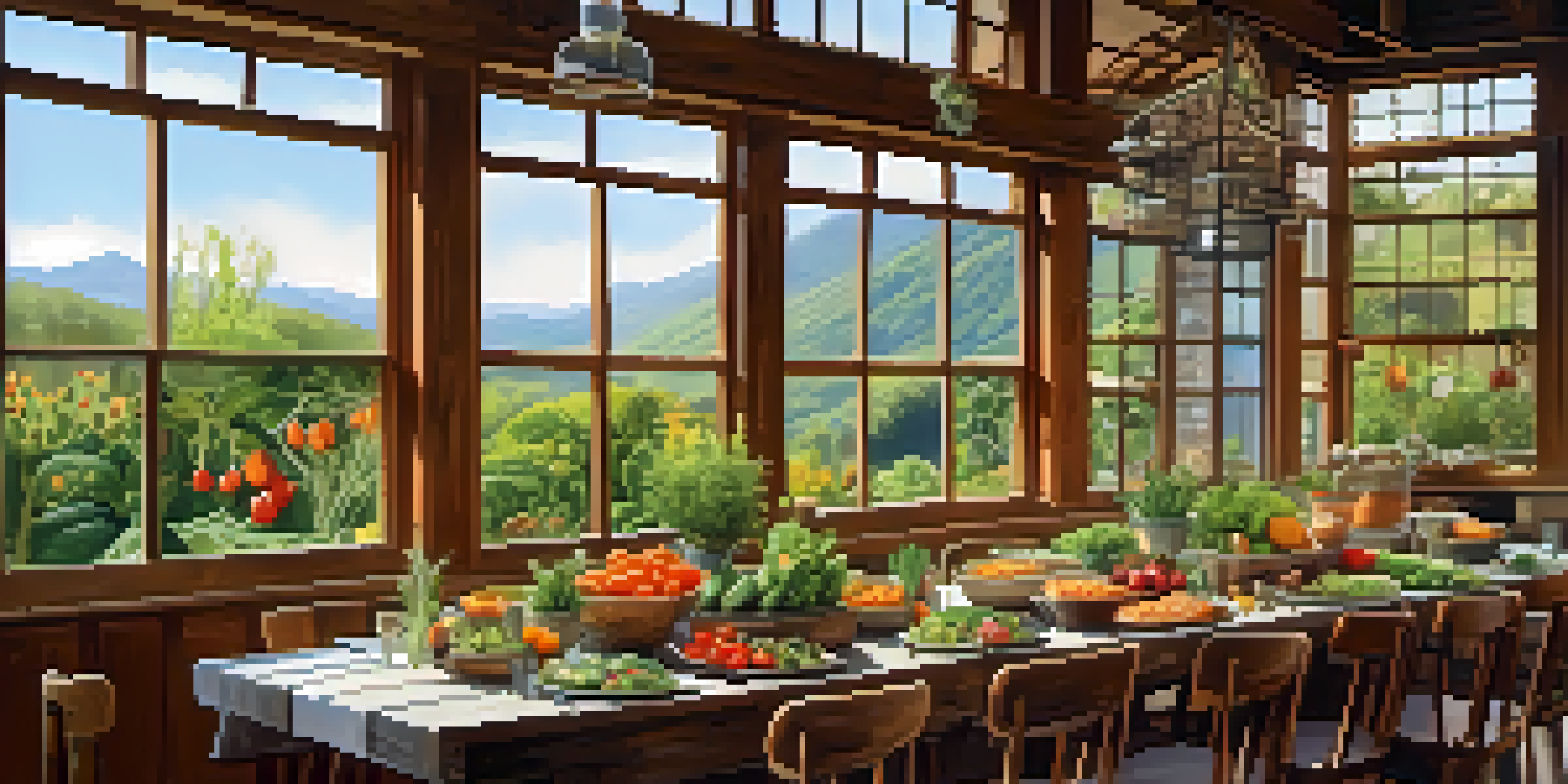 A table set at an eco-friendly restaurant with colorful dishes made from local ingredients, surrounded by greenery and natural light.