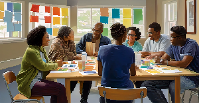 A diverse group of people sitting at a table, discussing community issues in a bright community center with colorful banners.