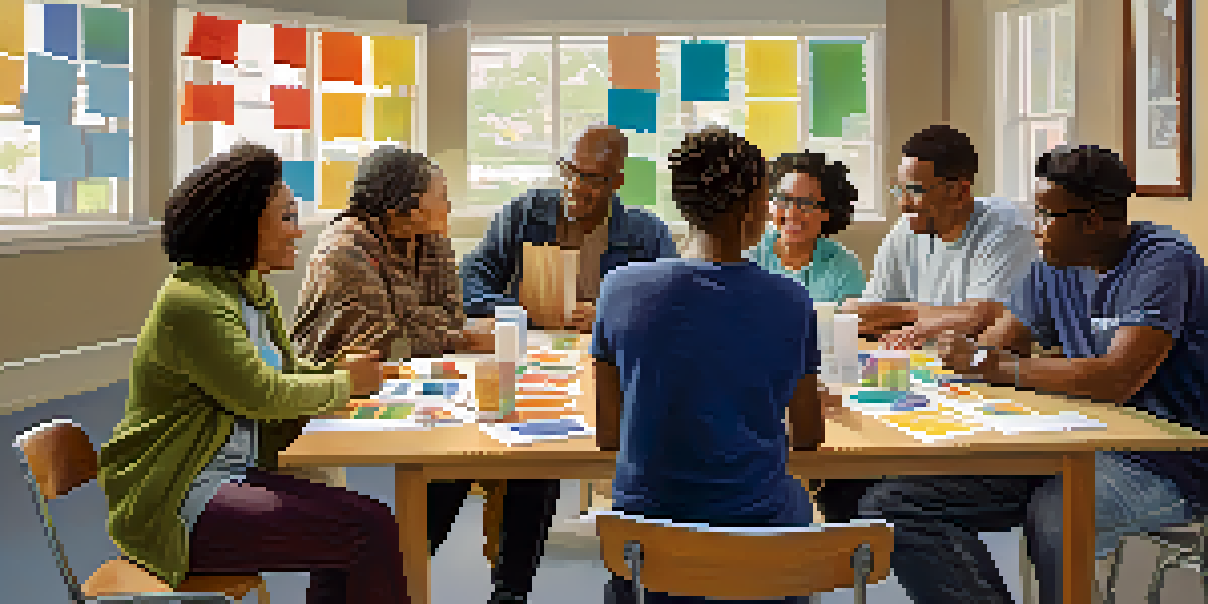 A diverse group of people sitting at a table, discussing community issues in a bright community center with colorful banners.