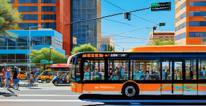 A busy street scene in Phoenix featuring electric buses, bike-sharing stations, and residents using mobile apps, with smart traffic signals and modern buildings in the background.