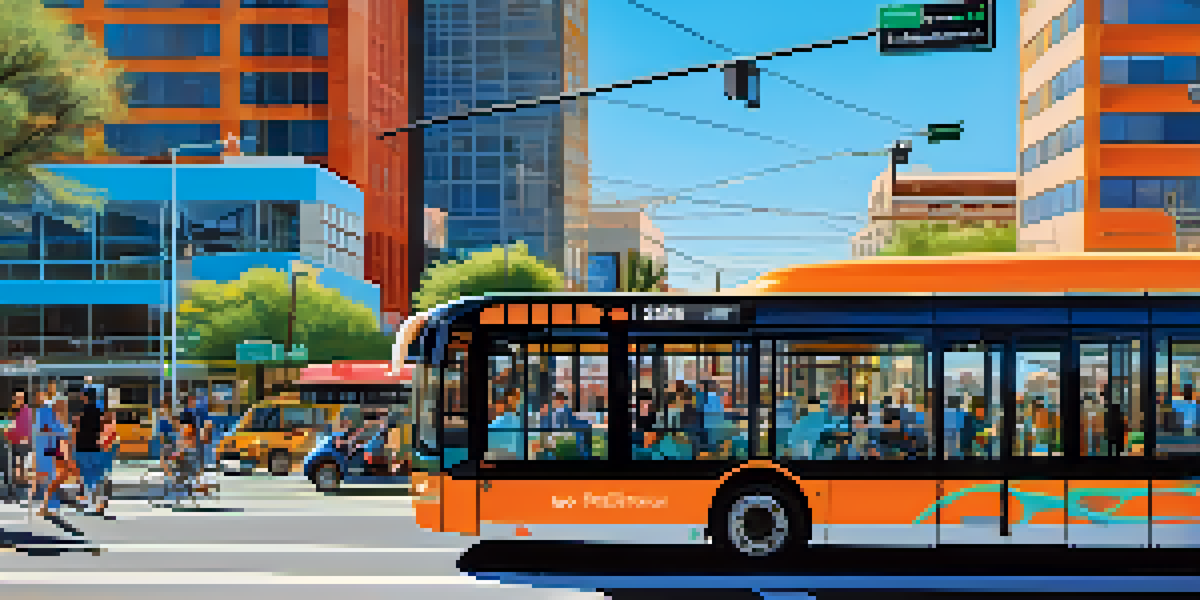 A busy street scene in Phoenix featuring electric buses, bike-sharing stations, and residents using mobile apps, with smart traffic signals and modern buildings in the background.