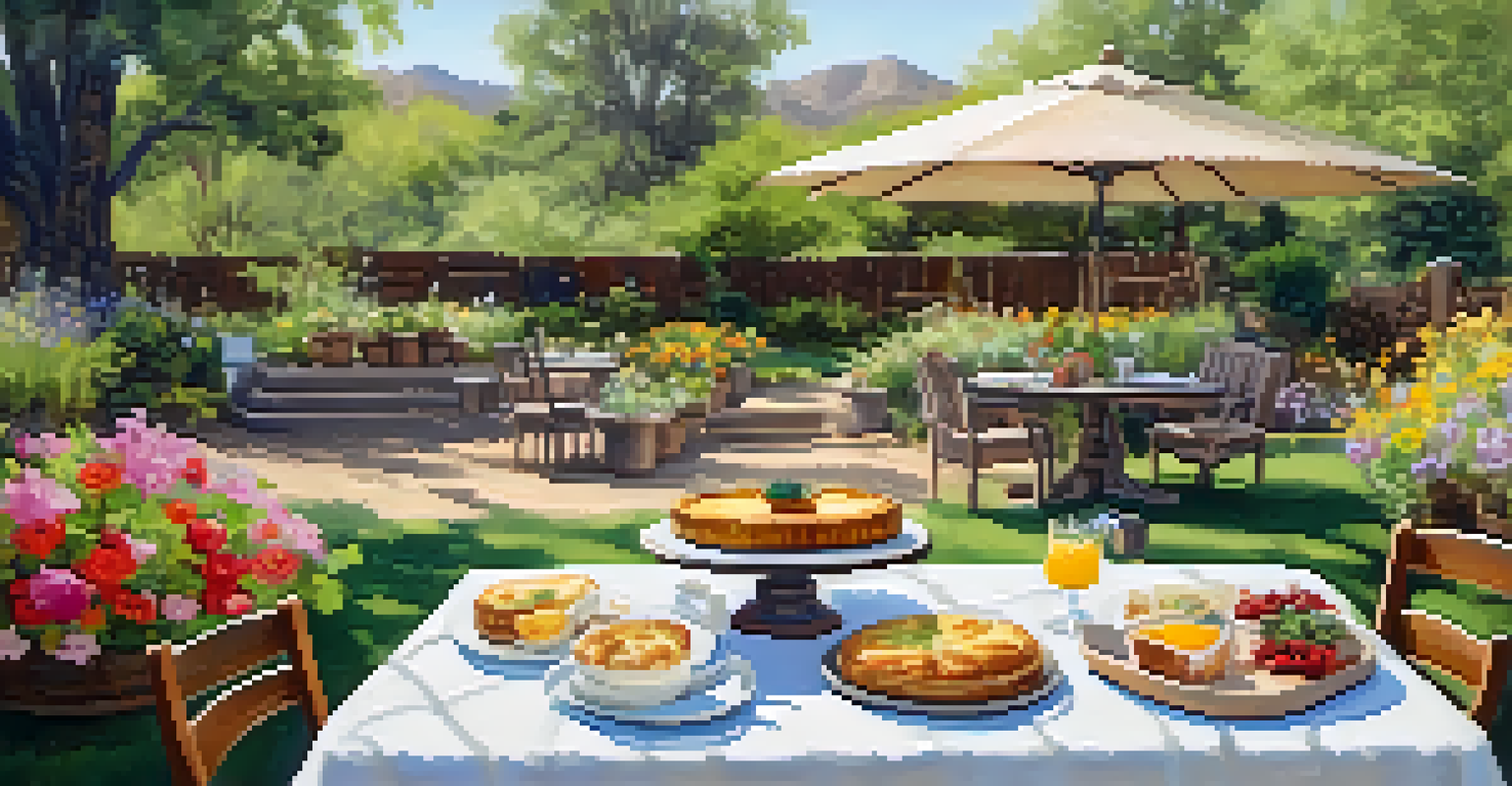 A rustic wooden table in a garden setting with seasonal brunch dishes, surrounded by blooming flowers and trees, creating a serene ambiance.