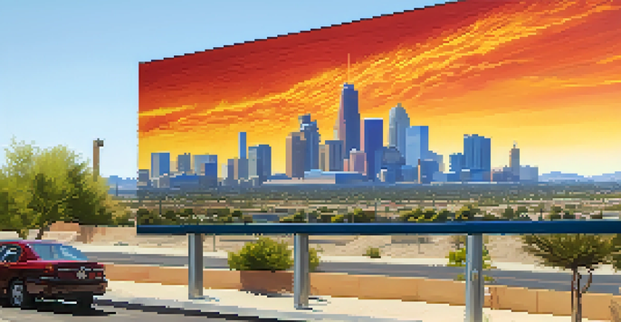 A panoramic view of Phoenix during a heat wave, showing the skyline and people seeking shade.