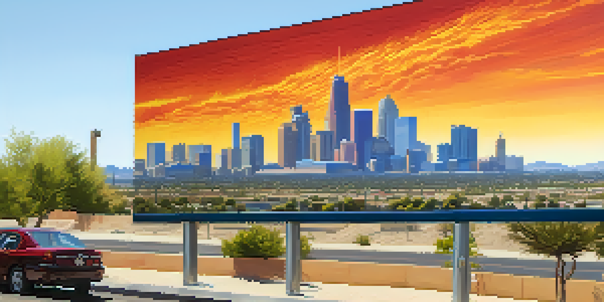A panoramic view of Phoenix during a heat wave, showing the skyline and people seeking shade.