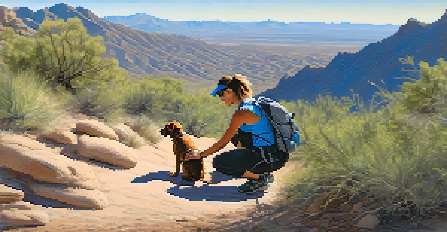 A hiker kneeling to give their dog water on a sunny hiking trail surrounded by desert plants.