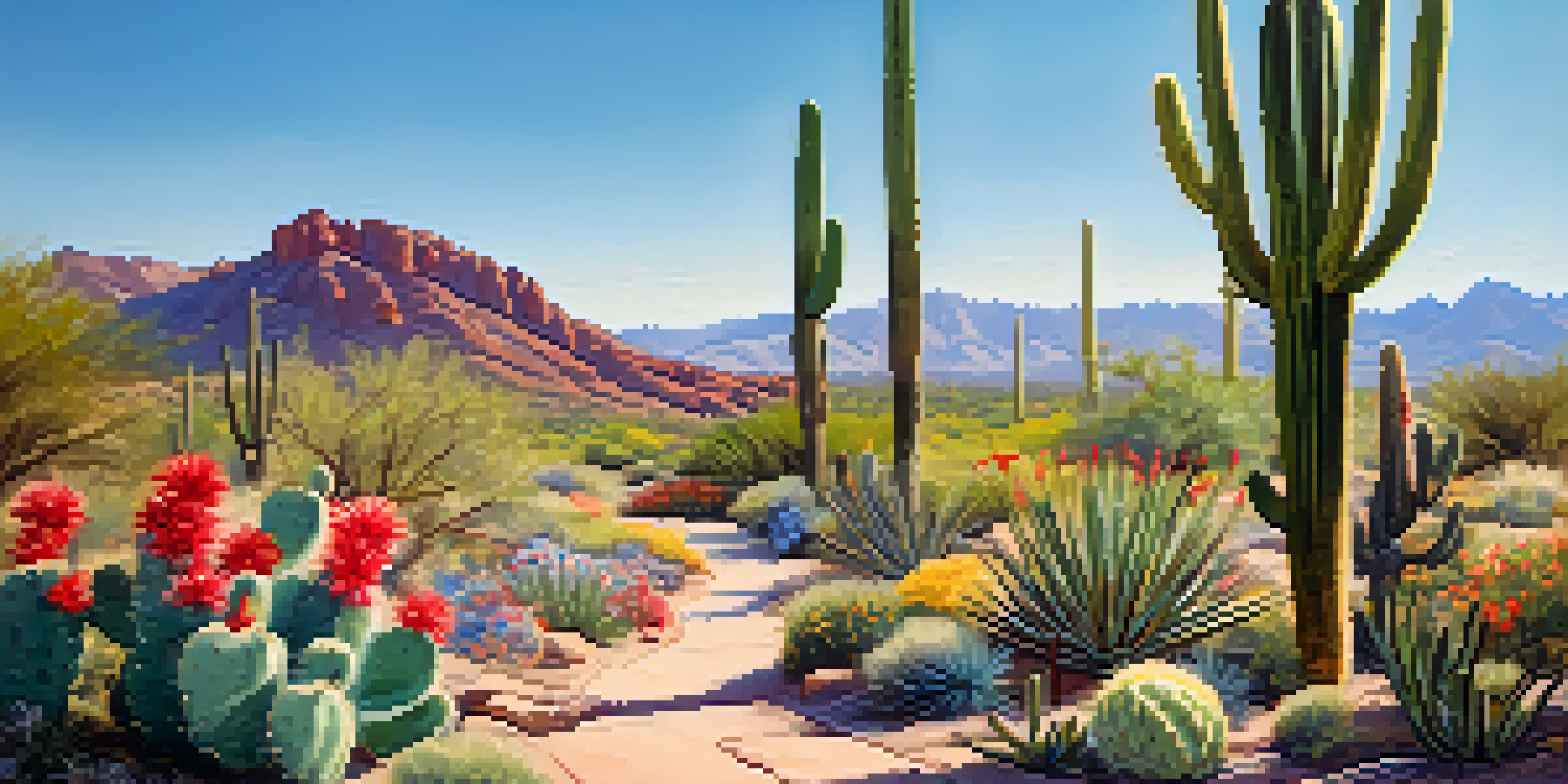 A colorful spring landscape at the Desert Botanical Garden with blooming cacti and wildflowers along a winding path.