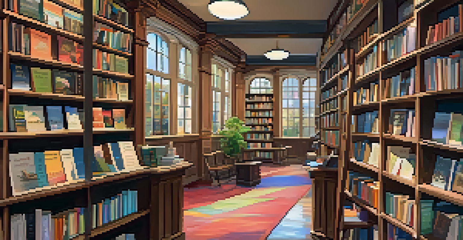 An independent bookstore displaying local authors' works at a literary festival, filled with readers and a cozy atmosphere.