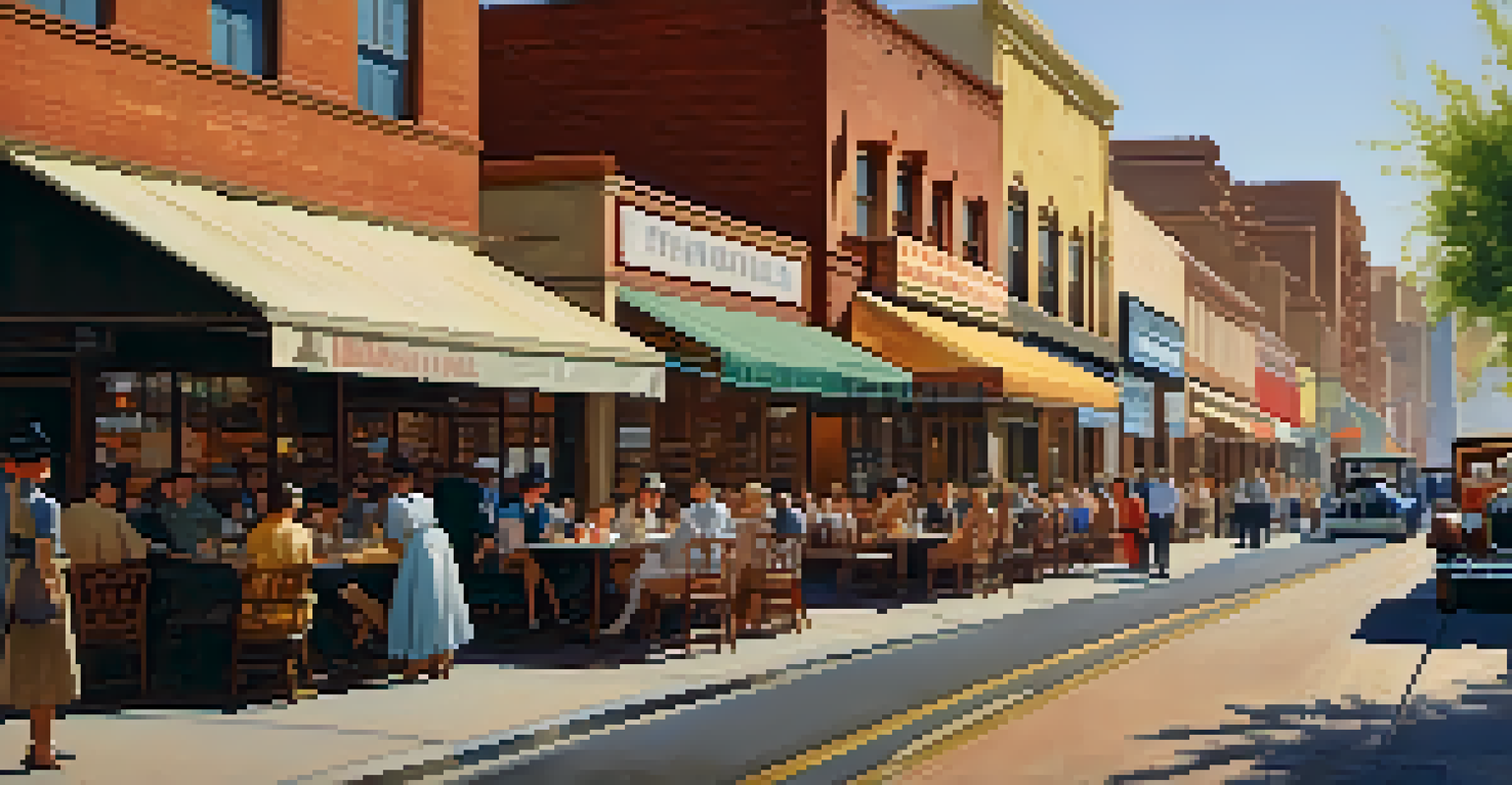 A vibrant early 20th century street scene in Phoenix, featuring shops and diverse crowds, illustrating the economic growth spurred by the railroad.