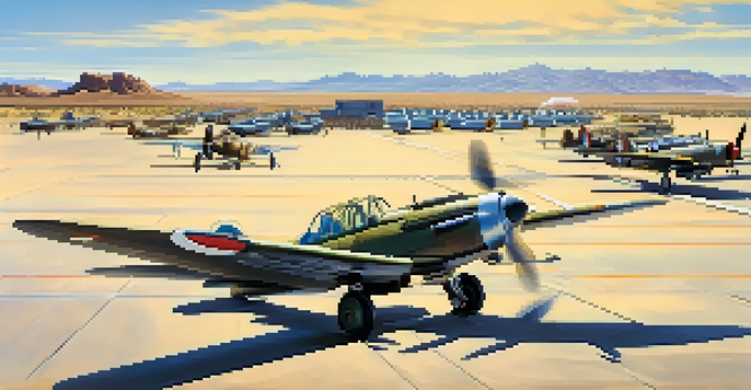 A wide view of Luke Air Force Base with vintage military planes, pilots in period uniforms, and a desert backdrop under a clear sky.