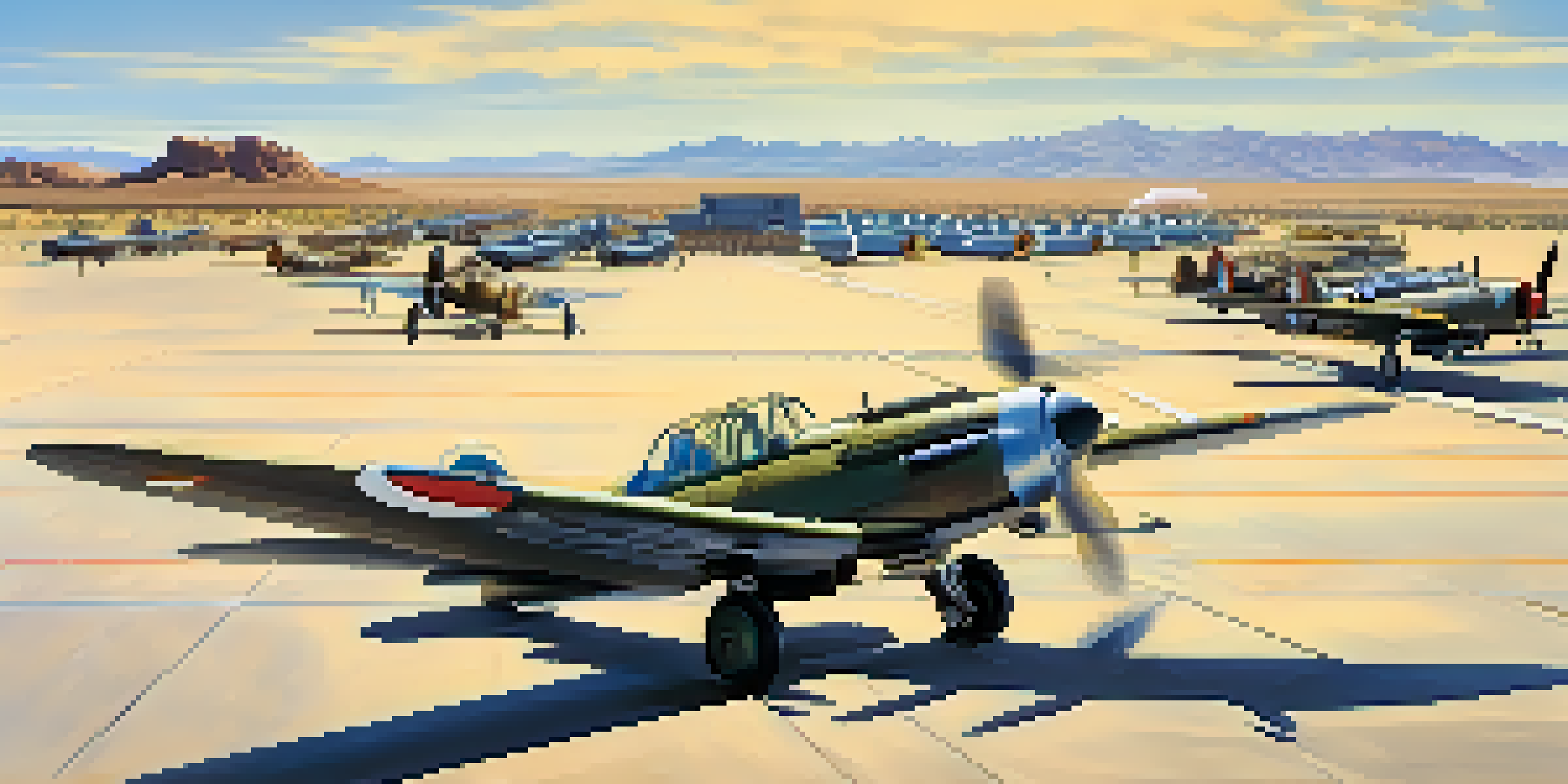 A wide view of Luke Air Force Base with vintage military planes, pilots in period uniforms, and a desert backdrop under a clear sky.