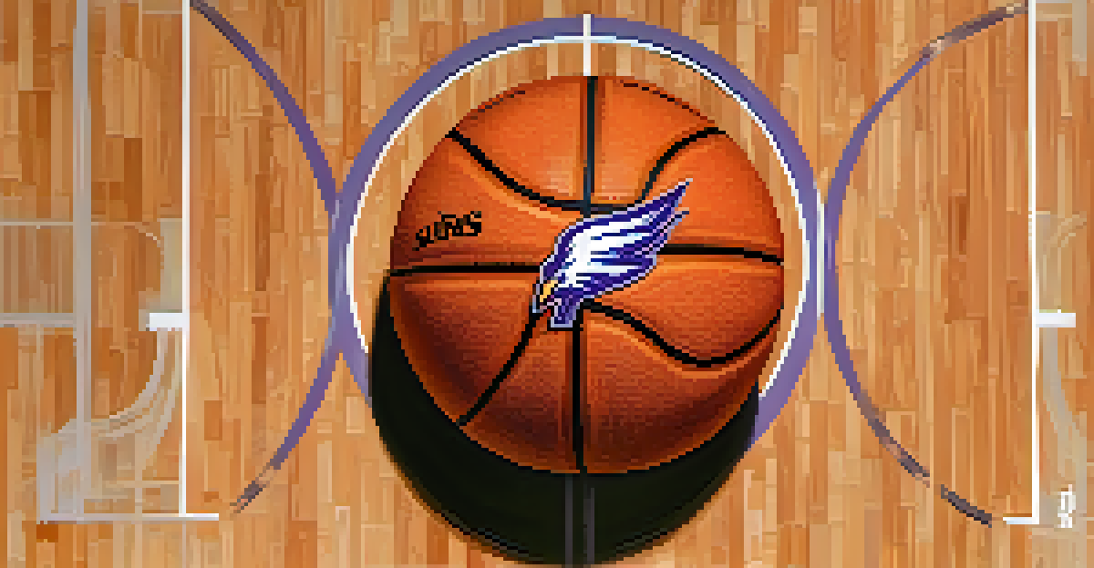A close-up of a basketball with the Phoenix Suns logo on a basketball court.