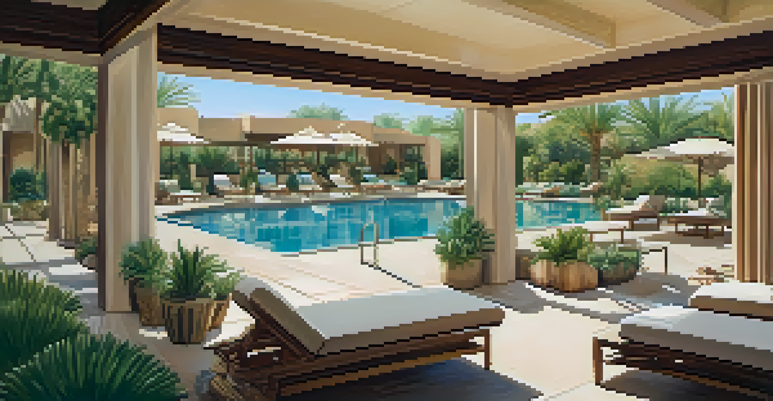 A luxurious outdoor spa and fitness area at a resort, with guests enjoying treatments and classes.