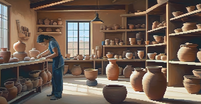 An artisan working on pottery in a bright studio filled with colorful ceramics and natural light.