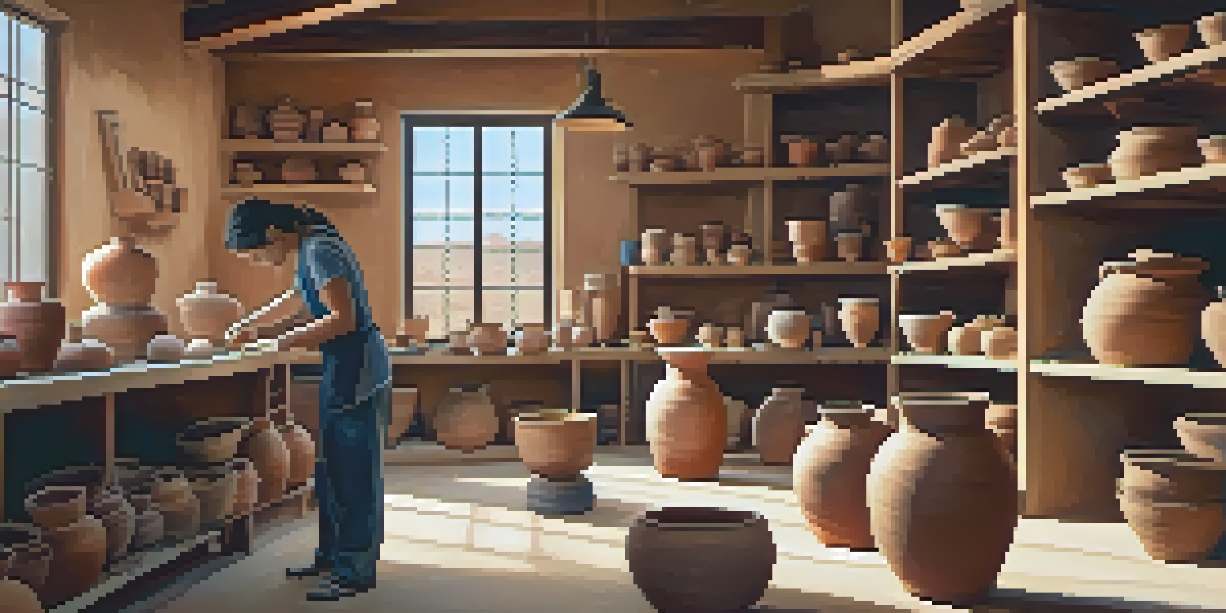 An artisan working on pottery in a bright studio filled with colorful ceramics and natural light.