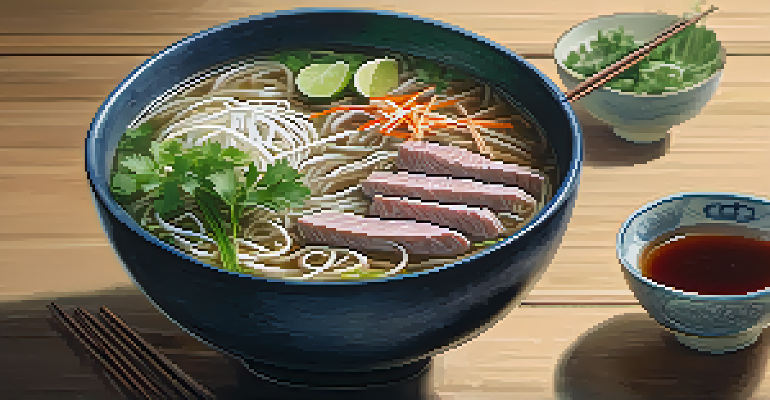 A close-up view of a steaming bowl of pho with fresh herbs and beef, beautifully presented on a wooden table.