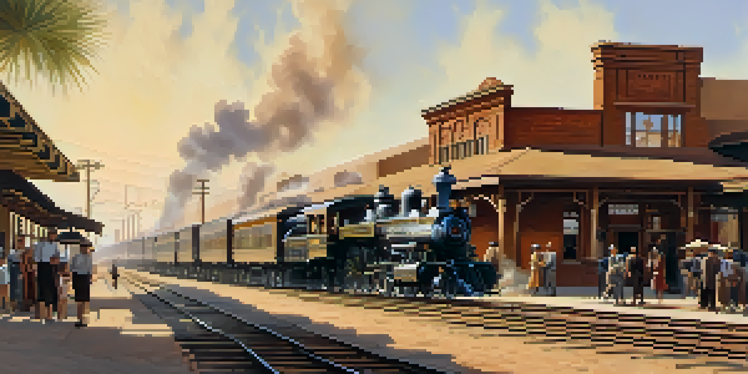 A historical view of Phoenix with a busy railroad station featuring vintage trains and passengers in old-fashioned clothes.