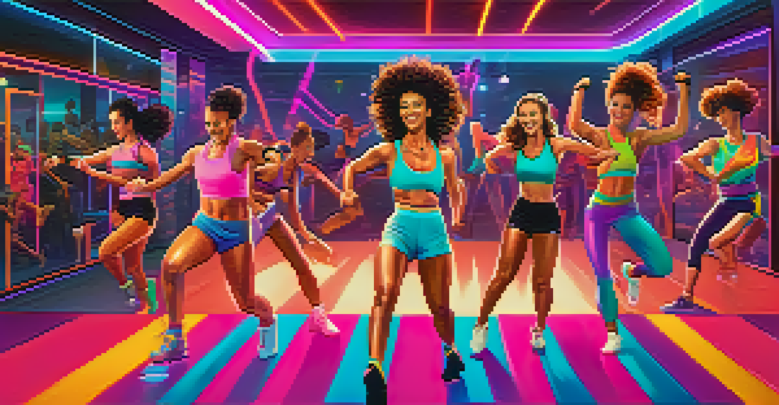 Participants in colorful '80s workout attire dancing in a lively themed fitness class, surrounded by neon lights and retro decorations.