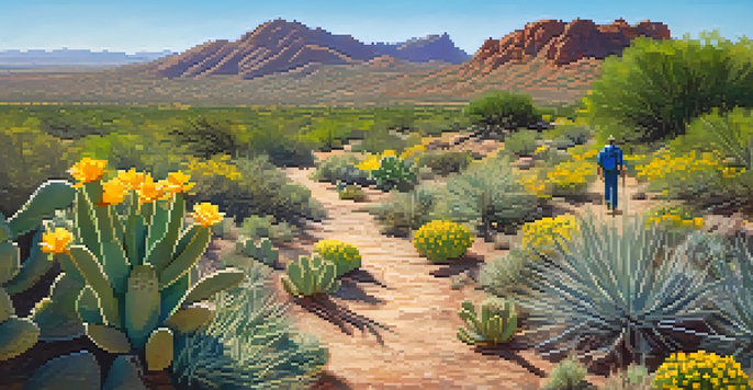A peaceful hiking trail in Phoenix with wildflowers and cacti under a clear blue sky, featuring a lone hiker in the distance.