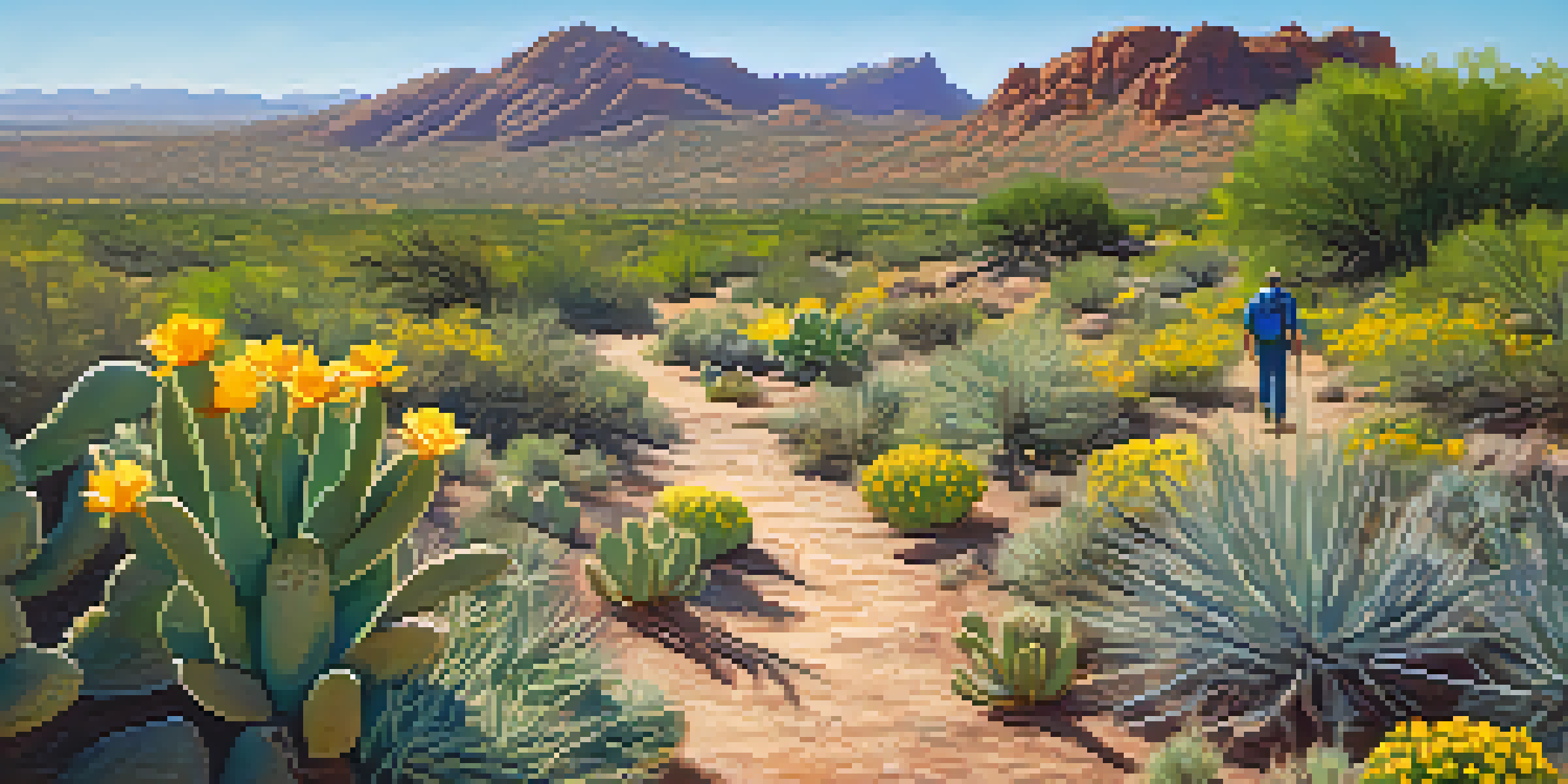 A peaceful hiking trail in Phoenix with wildflowers and cacti under a clear blue sky, featuring a lone hiker in the distance.