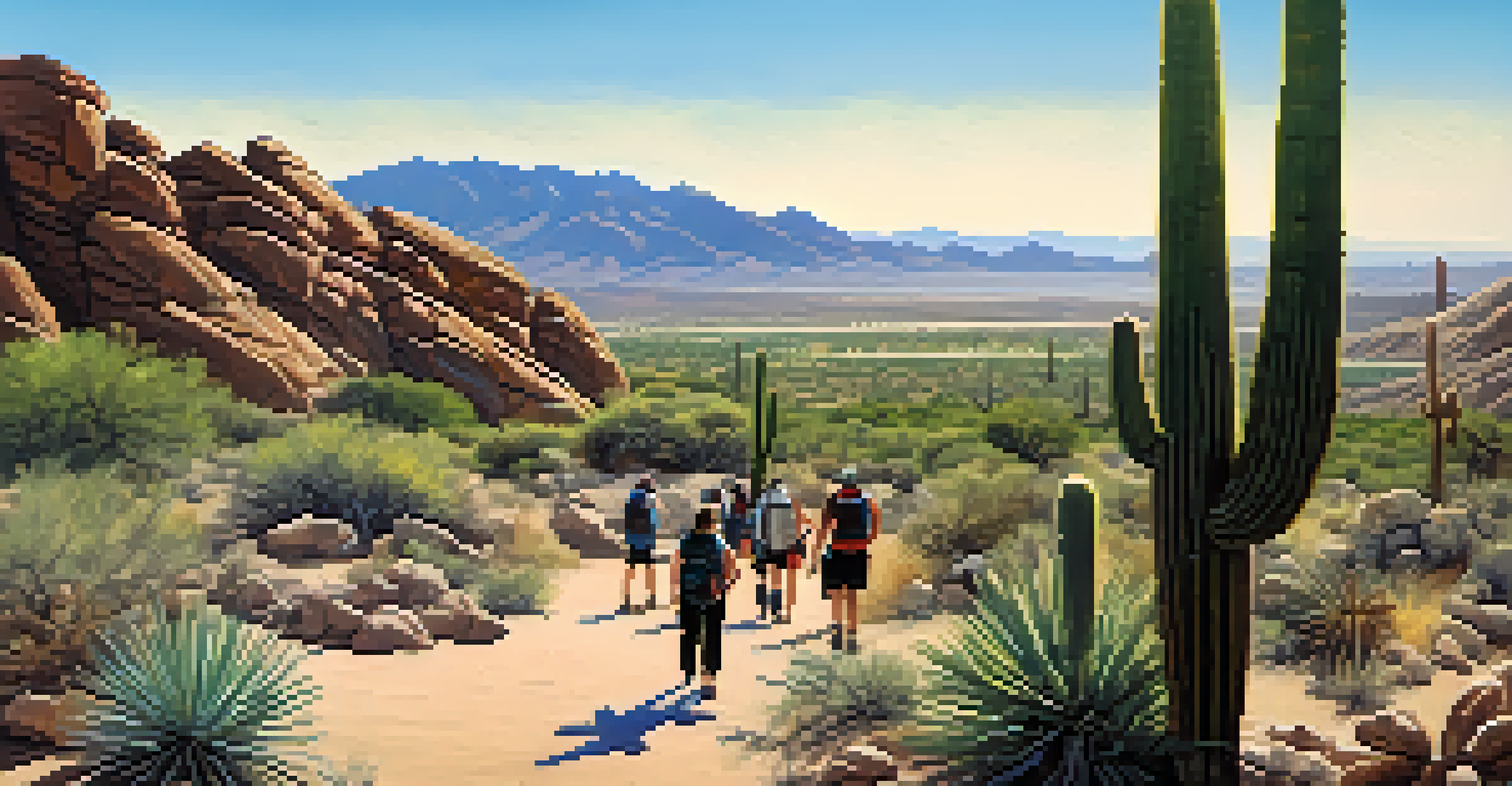A panoramic view of South Mountain Park featuring rugged desert landscapes and hikers on a trail under a blue sky.