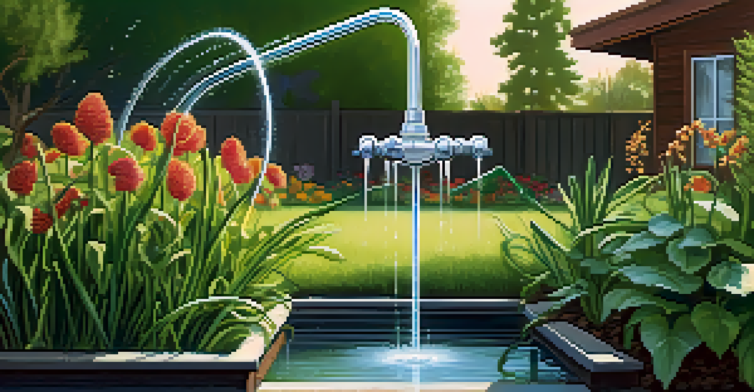 A close-up of a smart irrigation system watering plants using drip irrigation in a sunny backyard.